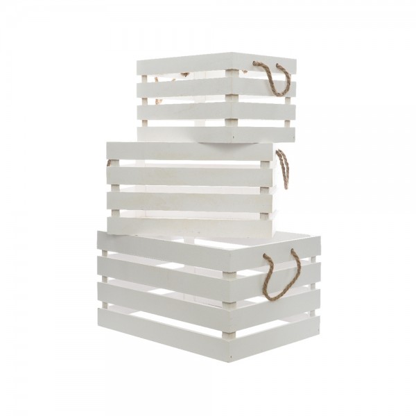Caja de madera con asa de cuerda set de 3unid. color blanco